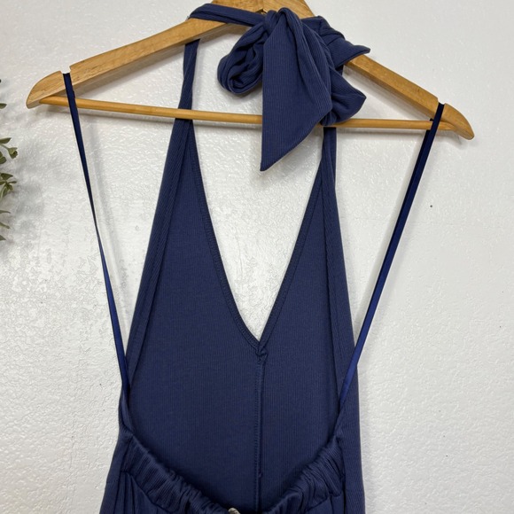 Free People FP Beach Leigh Open Back Jumpsuit Navy Blue Ribbed Wide Leg XS - Picture 6 of 7